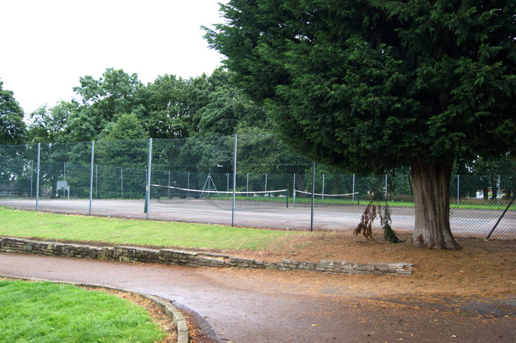A fenced-off tennis court with a tree in front of it.